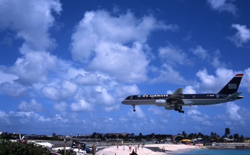 Jet landing over beach-St. Maarten